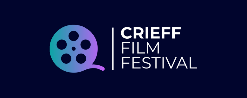 crieff film festival in white text blue background and a purple image of film reel