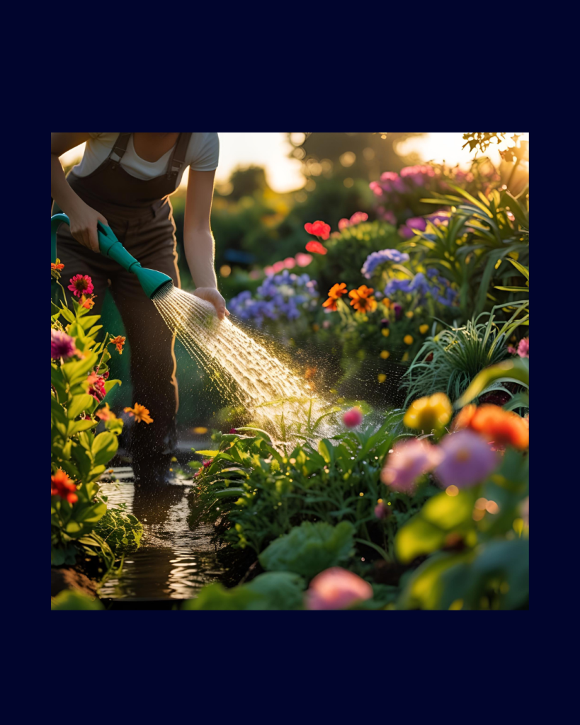 The Star Garden Crieff watering can watering flowers red and orange in sun