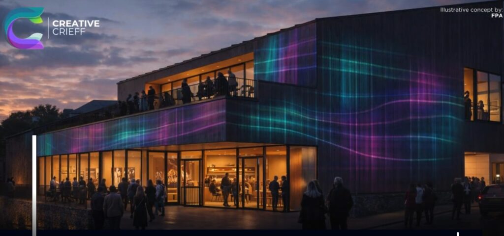 blue purple tartan covered building with terrace and people on it at night time