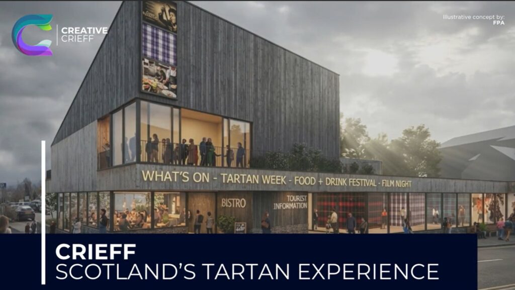 Crieff cinema visitor attraction grey building with tartan and glass windows with people in through the day, white writing whats on tartan cinema food and drink